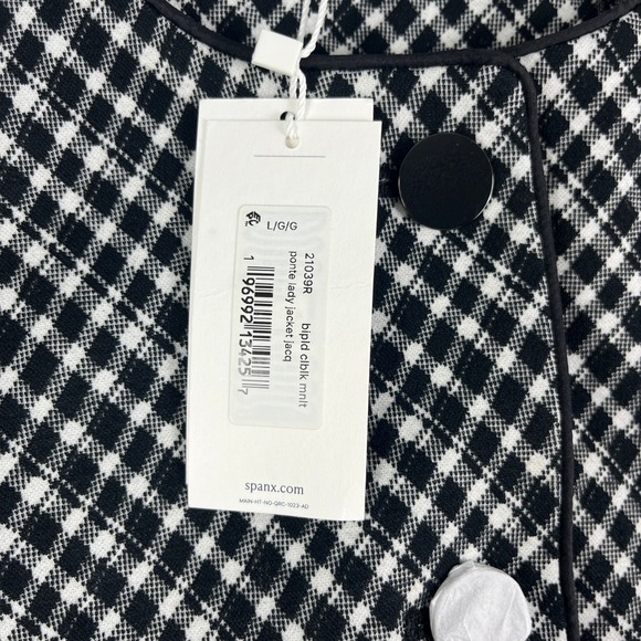 SPANX Ponte Lady Jacket Black White Gingham Check Blazer Button Front Size L - Picture 4 of 7